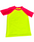 A bright neon yellow rash guard sun shirt with neon yellow body and neon pink sleeves designed with UPF 50+ maximum sun protection lays flat against the background.