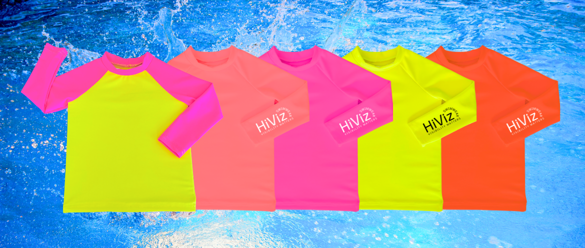 True neon, bright swimwear, neon rash guard product images. Neon yellow and pink rash guard, neon pink coral rash guard, neon pink rash guard, neon yellow rash guard, and a neon orange rash guard.