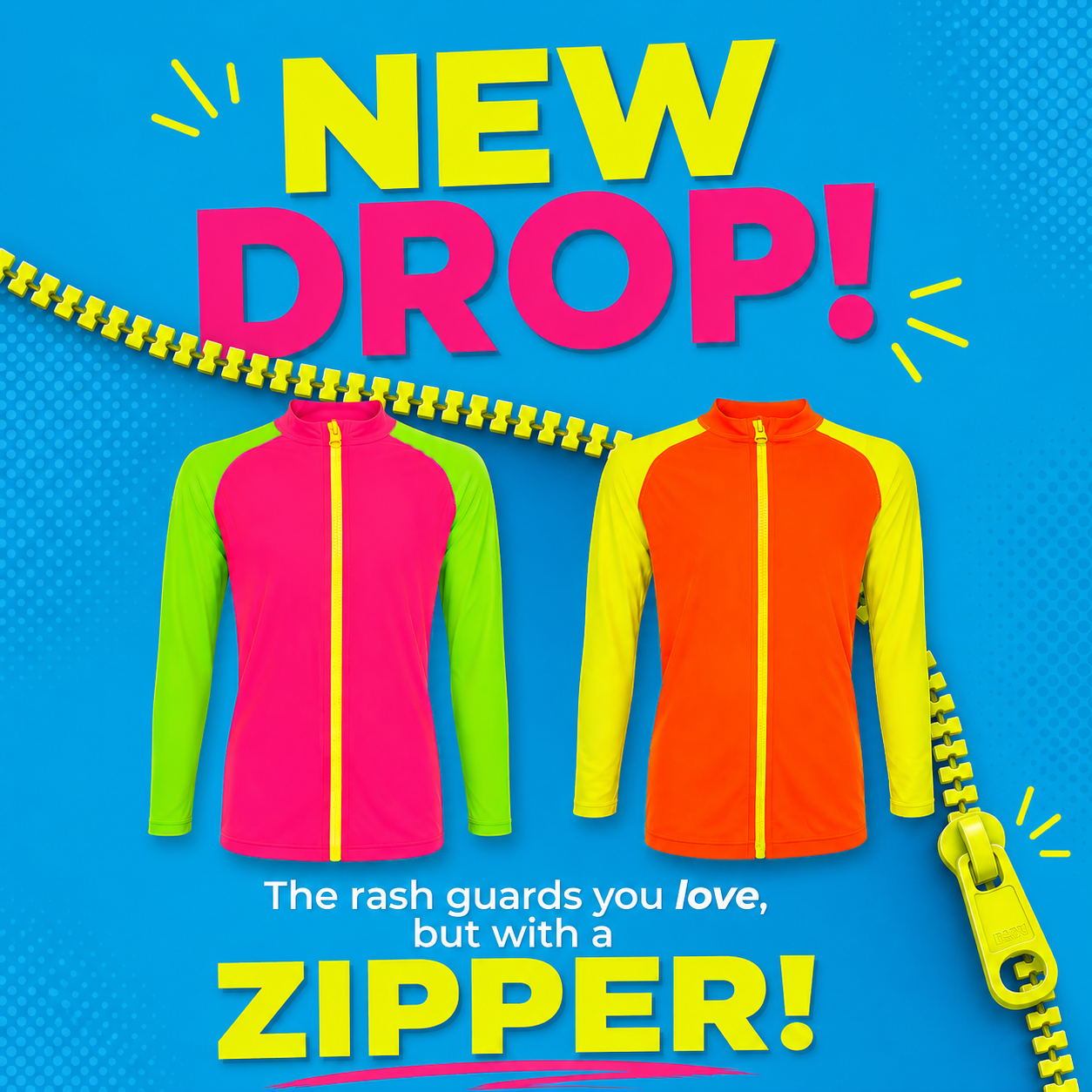 Kids' Neon Swim Zip Up Rash Guards