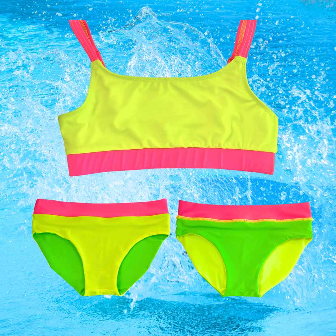 Women's neon Swimear - Women's neon bikini top with reversible neon bikini bottoms below it one side neon yellow bikini bottoms the other side neon green bikini bottoms