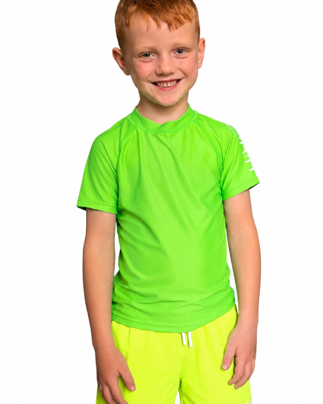 Kids' Short-Sleeve Neon Green Rash Guard UPF 50+ Chlorine-Resistant, OEKO-TEX® STANDARD 100 Certified