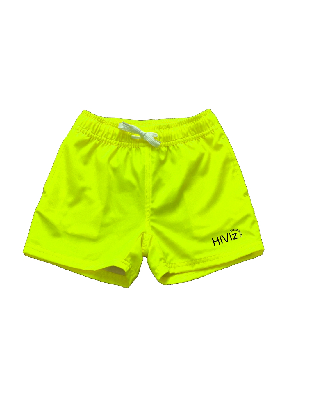 Boys bright neon yellow swim shorts with neon yellow boxer brief liner for anti-chaff comfort, quick drying,  with a functional drawstring and a full waist elastic band and reinforced pockets. The boys neon yellow bright swim trunks stand out against any background. 
