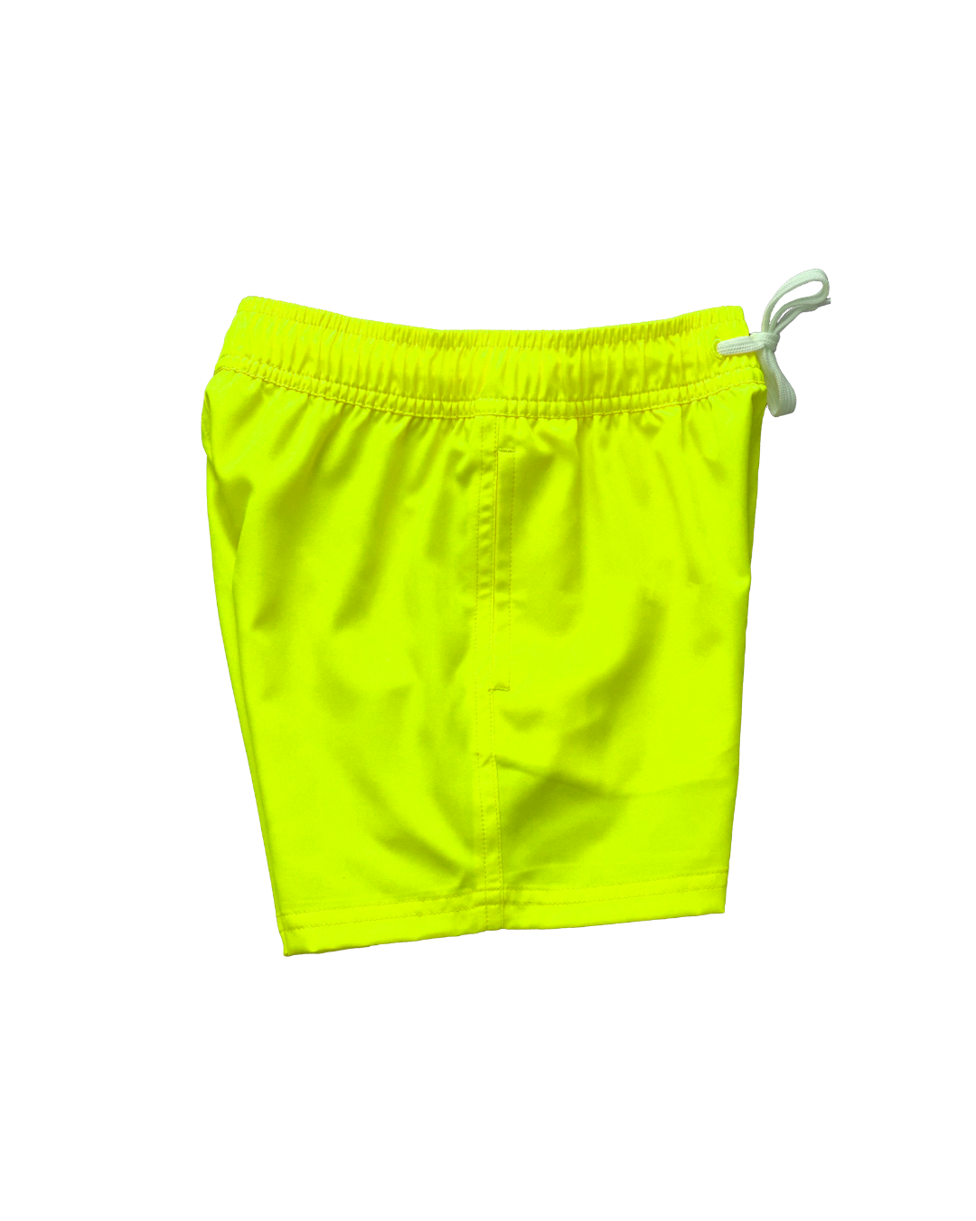 Boys bright neon yellow swim shorts with neon yellow boxer brief liner for anti-chaff comfort, quick drying,  with a functional drawstring and a full waist elastic band and reinforced pockets. The boys neon yellow bright swim trunks stand out against any background. 