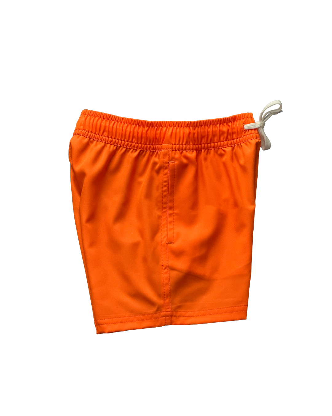 Boys bright neon orange swim shorts with neon yellow boxer brief liner for anti-chaff comfort, quick drying,  with a functional drawstring and a full waist elastic band and reinforced pockets. The neon orange boys hybrid swim trunks stand out against any background. 