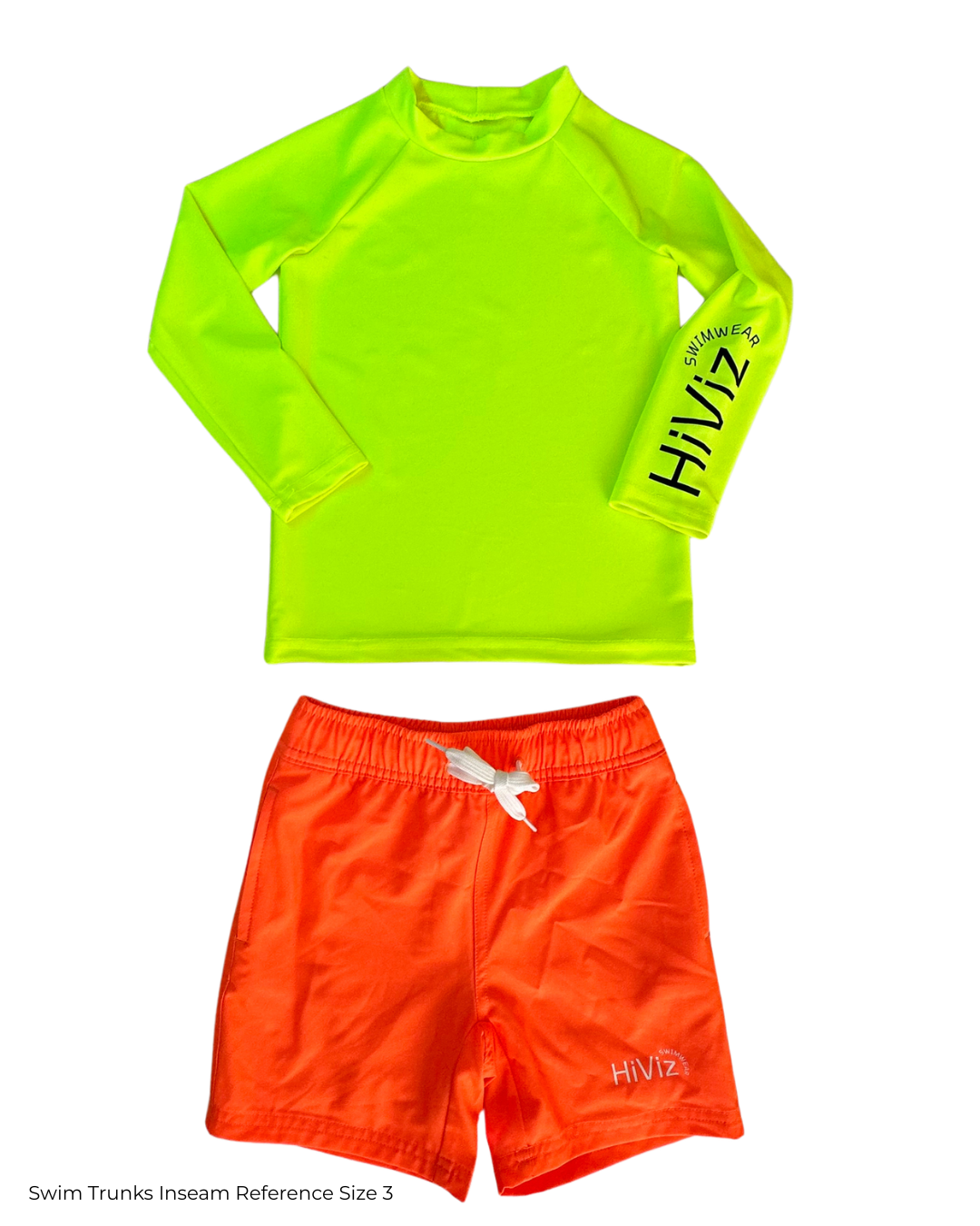 Neon yellow rash guard set with neon orange swim trunks on a white background.
