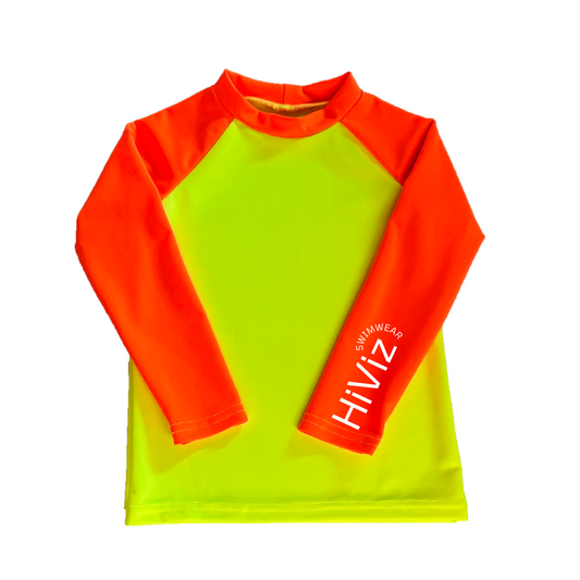 Product image of bright swimwear rash guard neon yellow body neon orange rash guard sleeves.
