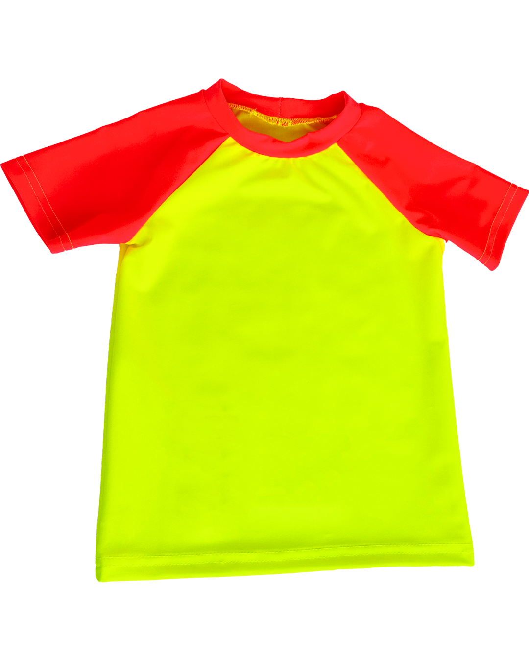 A bright neon yellow rash guard sun shirt with neon red sleeves designed with UPF 50+ maximum sun protection lays flat against the background. 