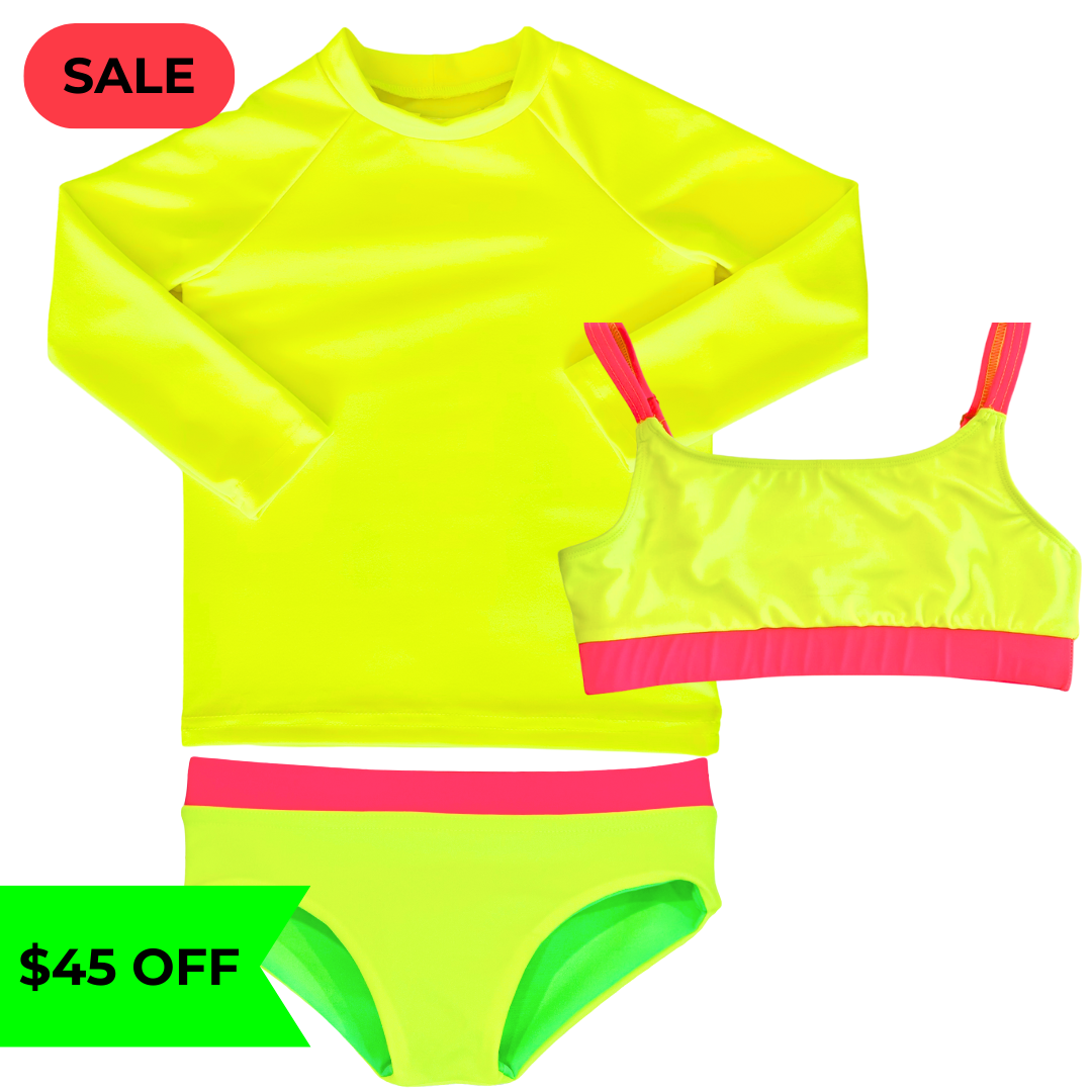 Bright neon yellow UPF sun shirt rash guard paired with a girls' swimsuit featuring neon yellow and neon pink accents, along with reversible bikini bottoms in neon yellow and neon green. This hi vis swimsuit is designed for high visibility, allowing the swimmer to stand out from any background.