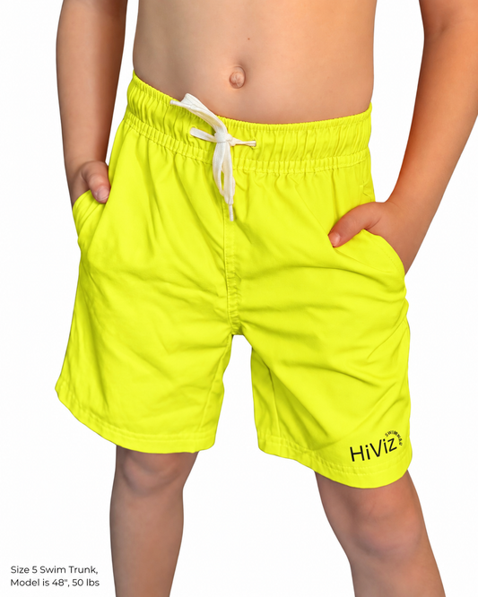 Child wearing neon yellow swim trunks with a white drawstring and black HiViz logo.