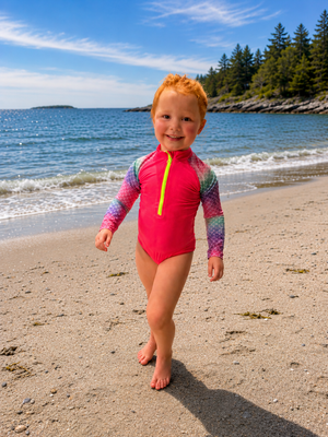 Girls' Neon Swim Zip-Up One-Piece | Neon Pink Mermaid