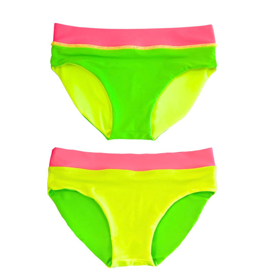 Girls' bright swimsuit featuring reversible bikini bottoms in neon yellow and neon green. This hi vis swimsuit/neon swimsuit is designed for high visibility, allowing the swimmer to stand out from any background."