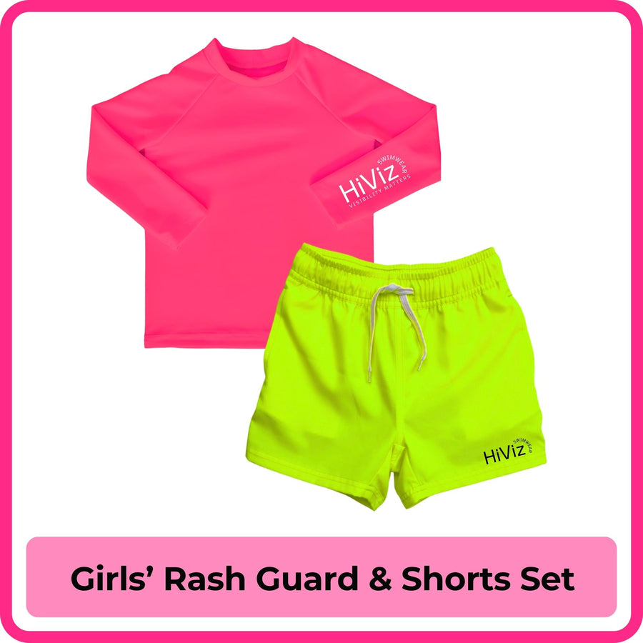 HiViz three-piece neon girls swimwear set with rash guard, swim top and bottoms