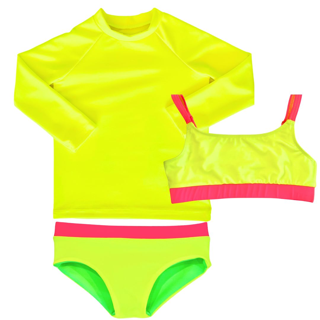 Bright neon yellow UPF sun shirt rash guard paired with a girls' swimsuit featuring neon yellow and neon pink accents, along with reversible bikini bottoms in neon yellow and neon green. This hi vis swimsuit is designed for high visibility, allowing the swimmer to stand out from any background.