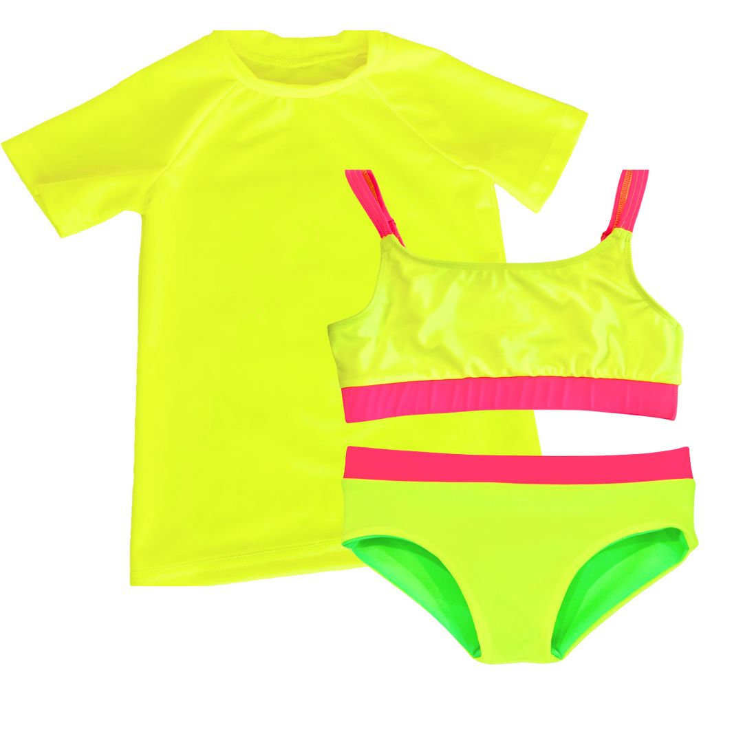 This girls swimsuit includes a bright neon yellow UPF sun shirt rash guard with  short-sleeves paired with a neon bikini girls swimsuit featuring neon yellow and neon pink accents, along with reversible bikini bottoms in neon yellow and neon green. This bright swimsuit is designed for high visibility, allowing the swimmer to stand out from any background.