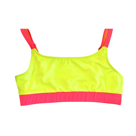 Womens' bright swimsuit featuring neon yellow and neon pink accents stands out against a white background. This hi vis swimsuit/neon swimsuit is designed for high visibility, allowing the swimmer to stand out from any background."
