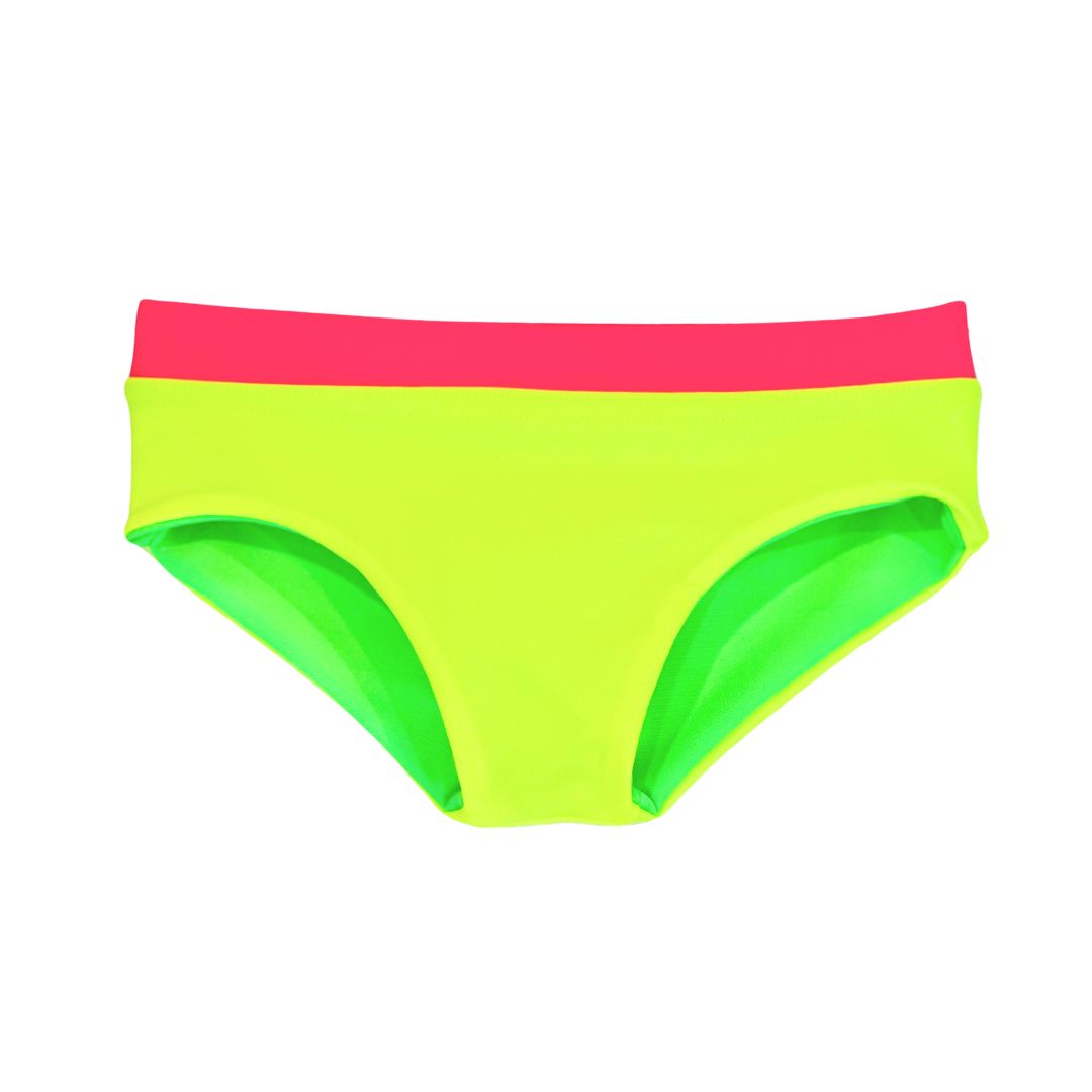 Girls' bright swimsuit featuring neon reversible bikini bottoms in neon yellow and neon green. This hi vis swimsuit/neon swimsuit is designed for high visibility, allowing the swimmer to stand out from any background."
