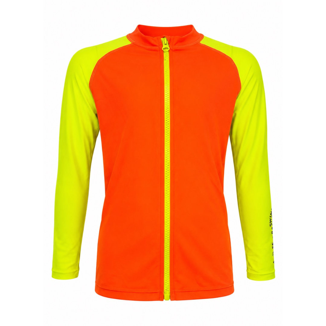 Kids’ Neon Swim Zip-Up Rash Guard – Neon Orange and Yellow
