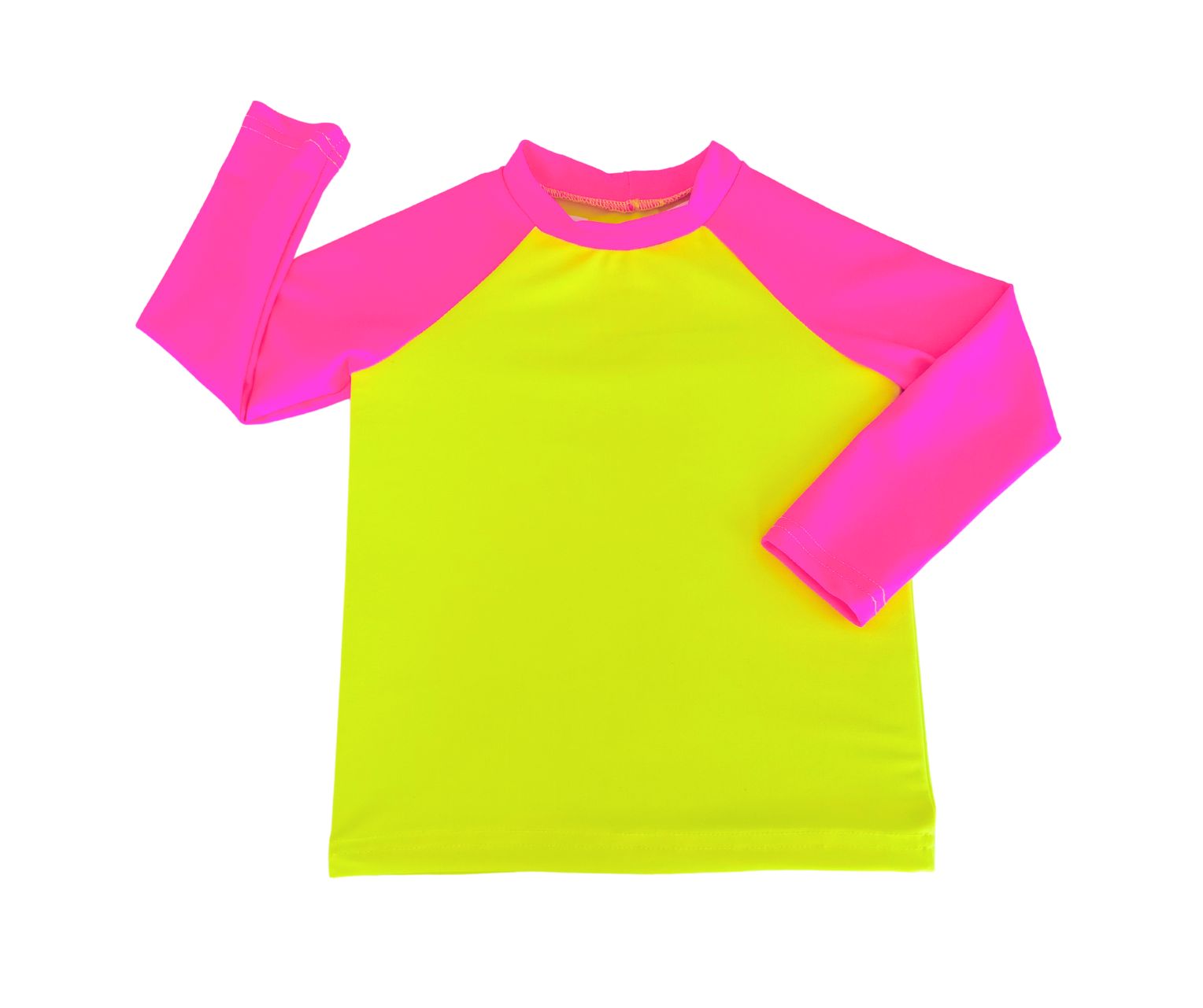 A single product image of a neon yellow rash guard with neon pink long sleeves.