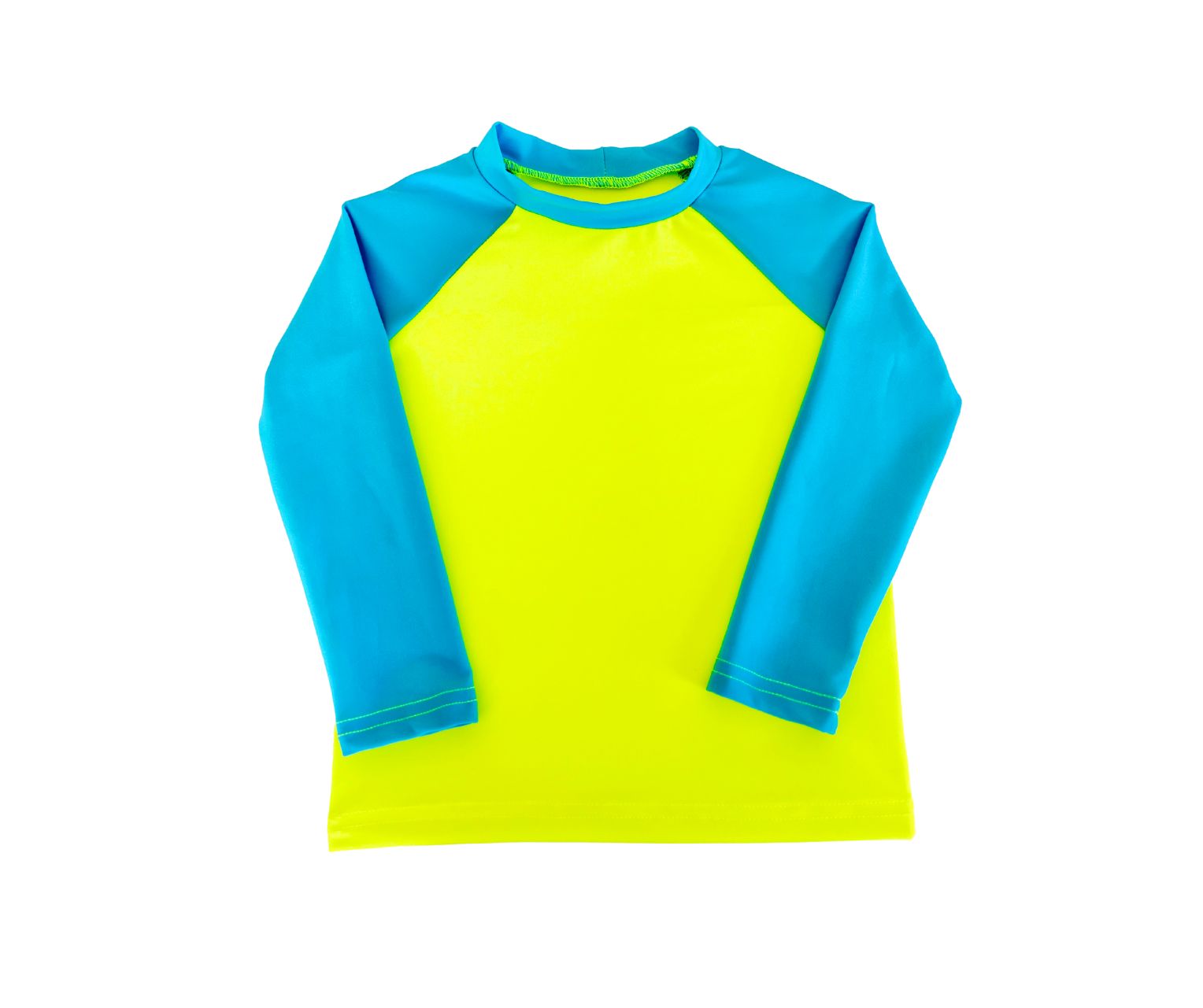 A single product image of a neon yellow rash guard with blue long sleeves.