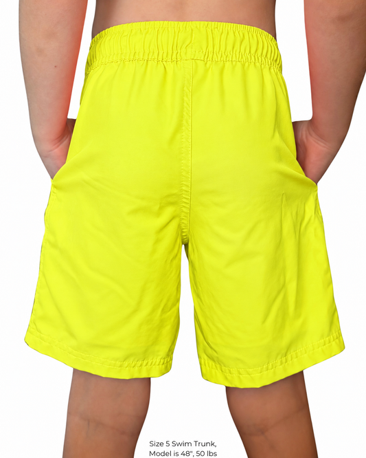 Back view of a child wearing neon yellow swim trunks with an elastic waistband.
