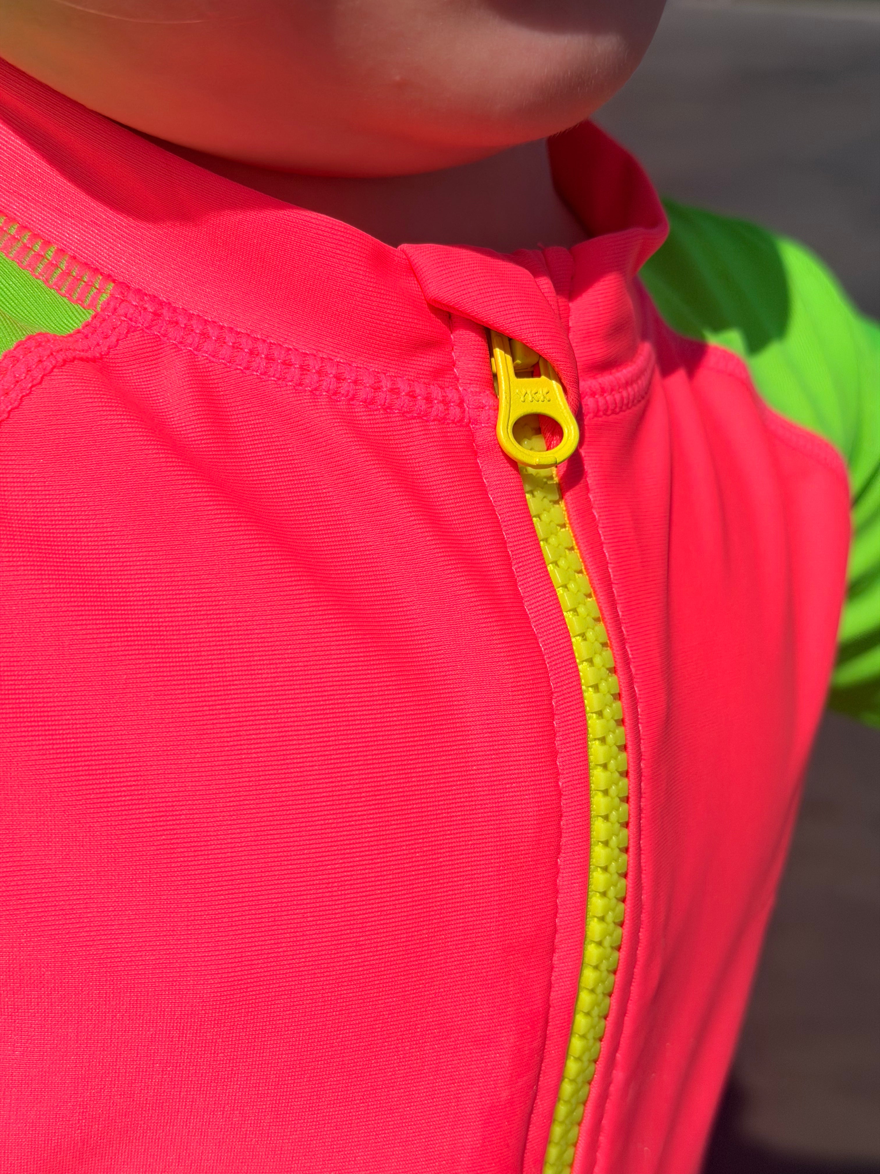 Kids’ Neon Swim Zip-Up Rash Guard – Neon Pink and Green