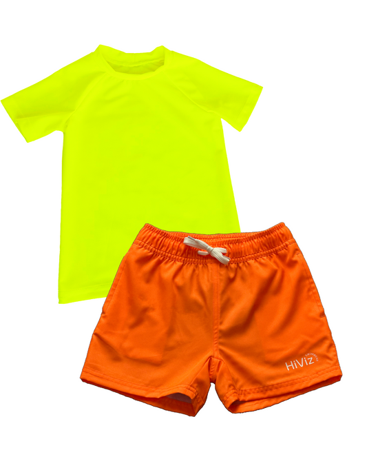 A short-sleeve rash guard set product image with a neon yellow rash guard and neon orange swim trunks by HiViz Swimwear. 