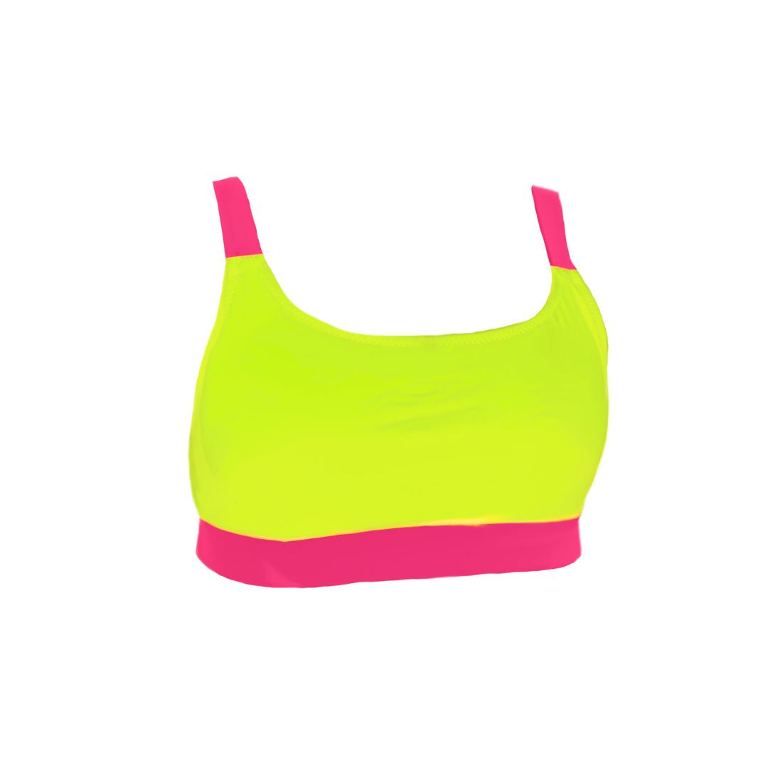 Women's bright swimsuit featuring neon yellow and neon pink accents. This hi vis swimsuit/neon swimsuit is designed for high visibility, allowing the swimmer to stand out from any background."