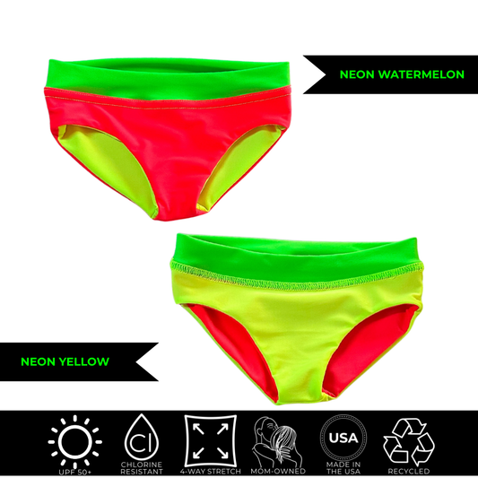 Product image of neon bikini bottoms. One side is a neon yellow bikini the other side is neon red bikini bottoms. 