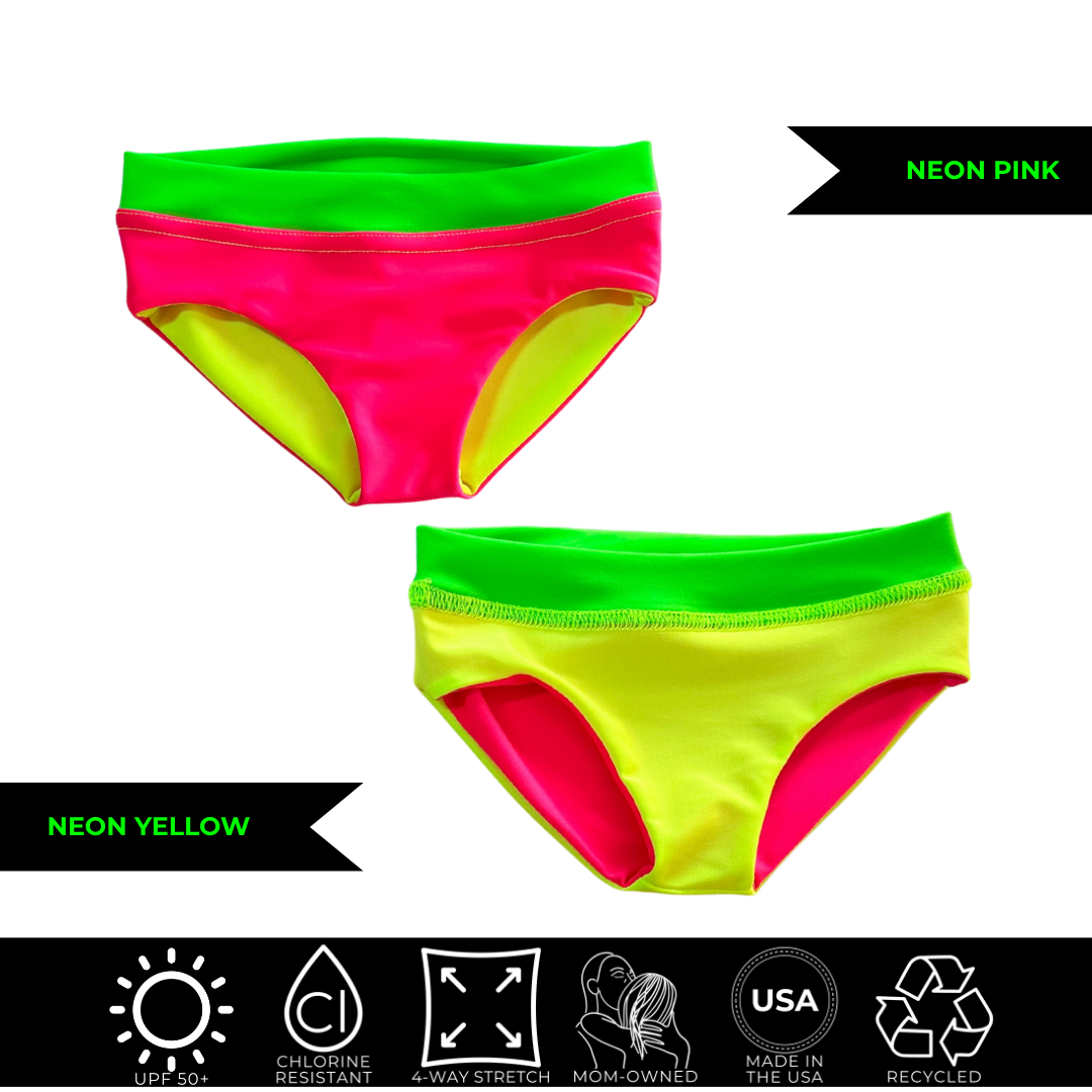 Neon bikini bottom image reversible from neon yellow to neon pink. 