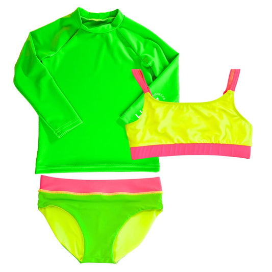 A bundle product image of a neon green rash guard with a neon yellow and pink sporty bikini top and a reversible neon green neon pink and neon yellow bikini bottoms.