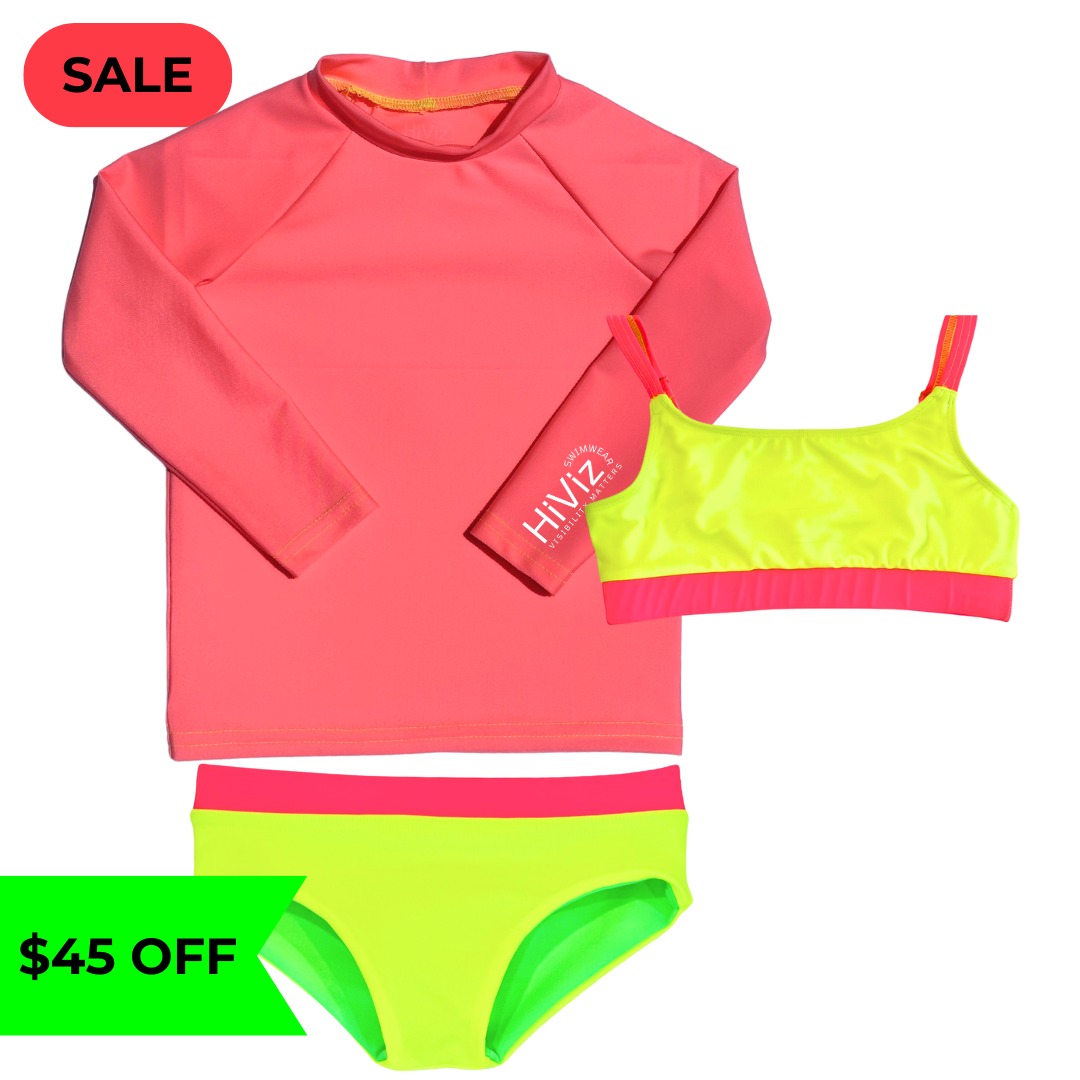 Product bundle image of a neon pink rash guard with a neon athletic bikini neon.