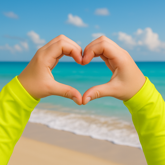 Image of a hand heart with the beach in the background and a neon yellow rash guard on the arms. 