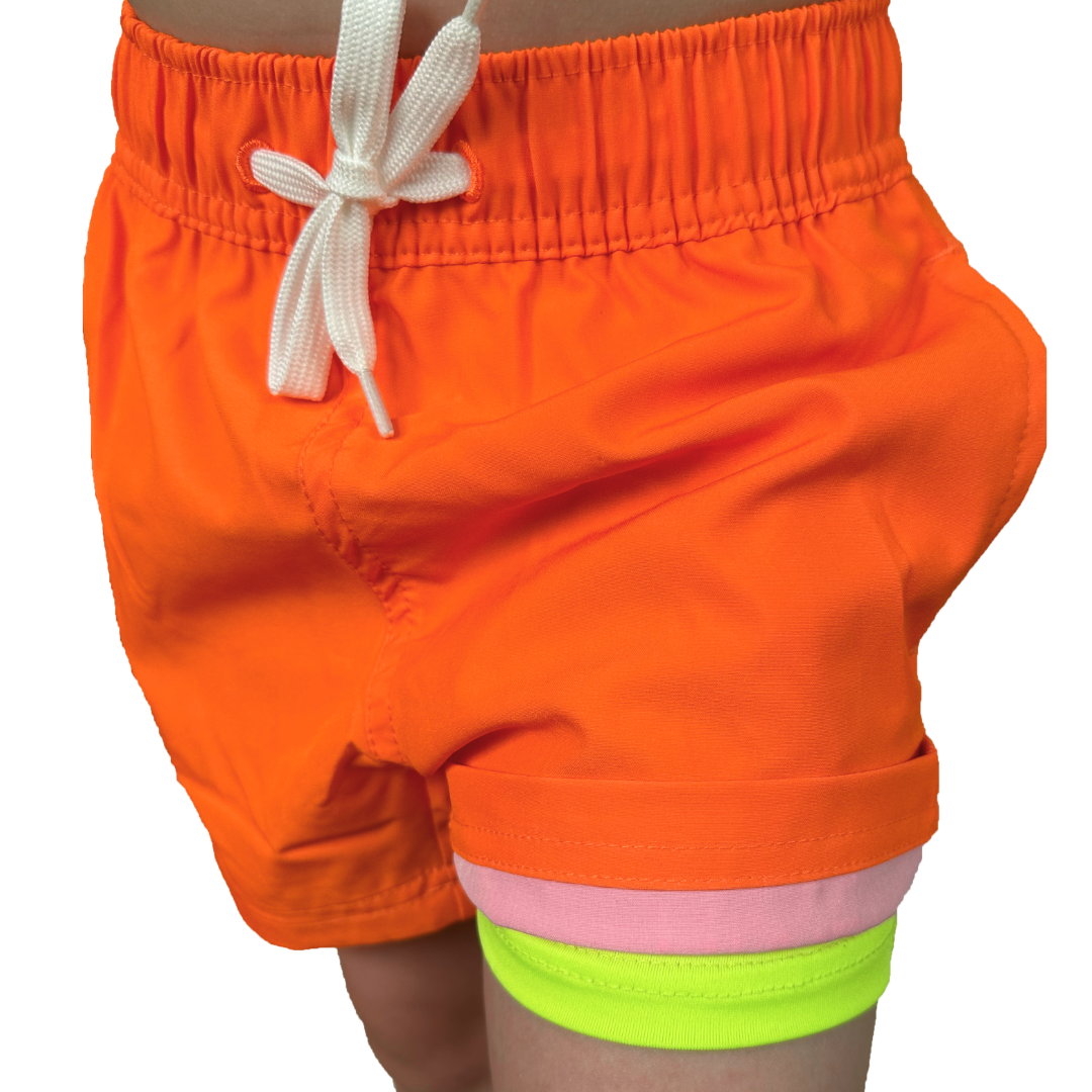 Toddler Neon Rash Guard Set - Long-Sleeve Neon Yellow and Blue Rash Guard & Neon Orange Swim Shorts