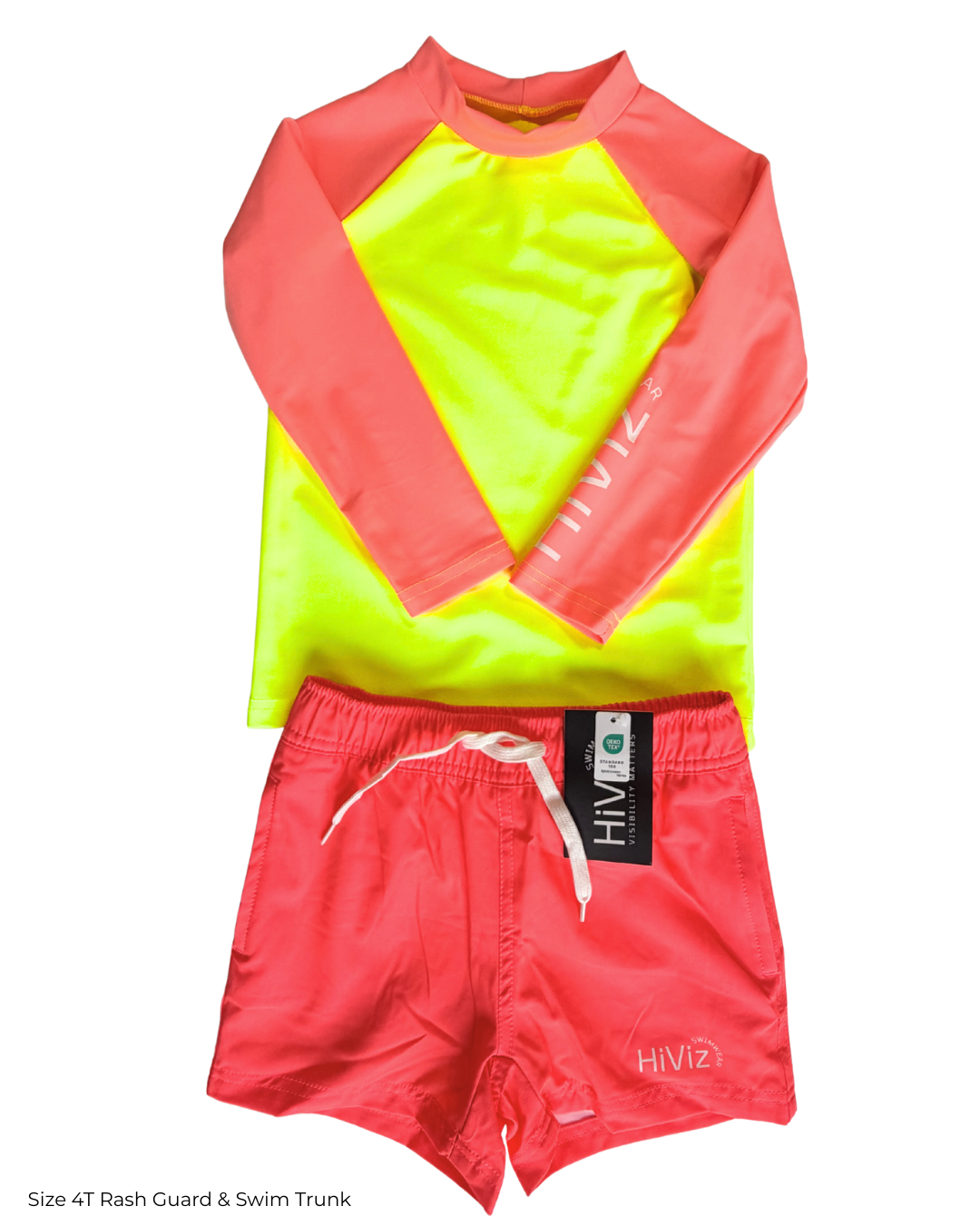 Girls' Neon Rash Guard Set - UPF 50+ Long-Sleeve Neon Coral Sleeve Rash Guard & Neon Pink Swim Shorts