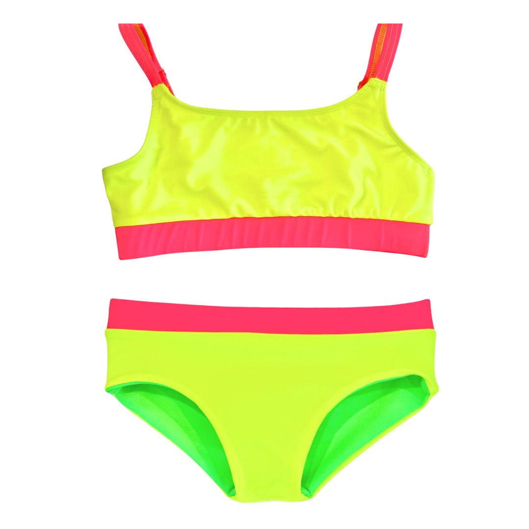 Womens' bright swimsuit featuring neon yellow and neon pink accents, along with reversible bikini bottoms in neon yellow and neon green. This hi vis swimsuit/neon swimsuit is designed for high visibility, allowing the swimmer to stand out from any background."