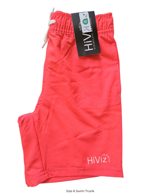 Boys neon coral swim trunks by HiViz Swimwear with elastic waistband and drawstring, Oeko-Tex Standard 100 tag, high visibility kids swim trunks size 6