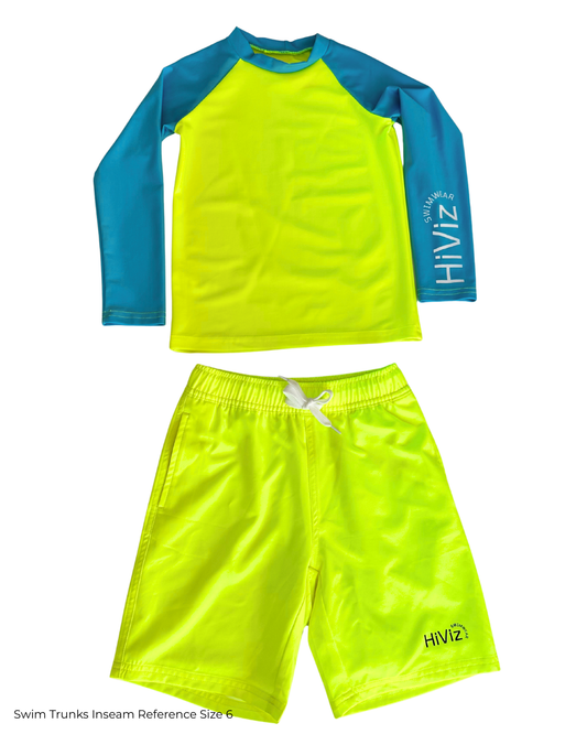 Neon yellow and blue hiviz rash guard with neon yellow hiviz swim trunks on a white background.
