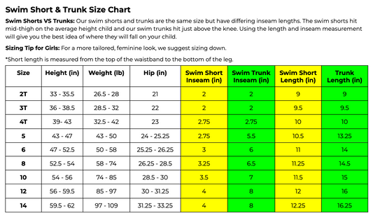 A sizing chart for boys neon swim trunks and boys neon swim shorts.