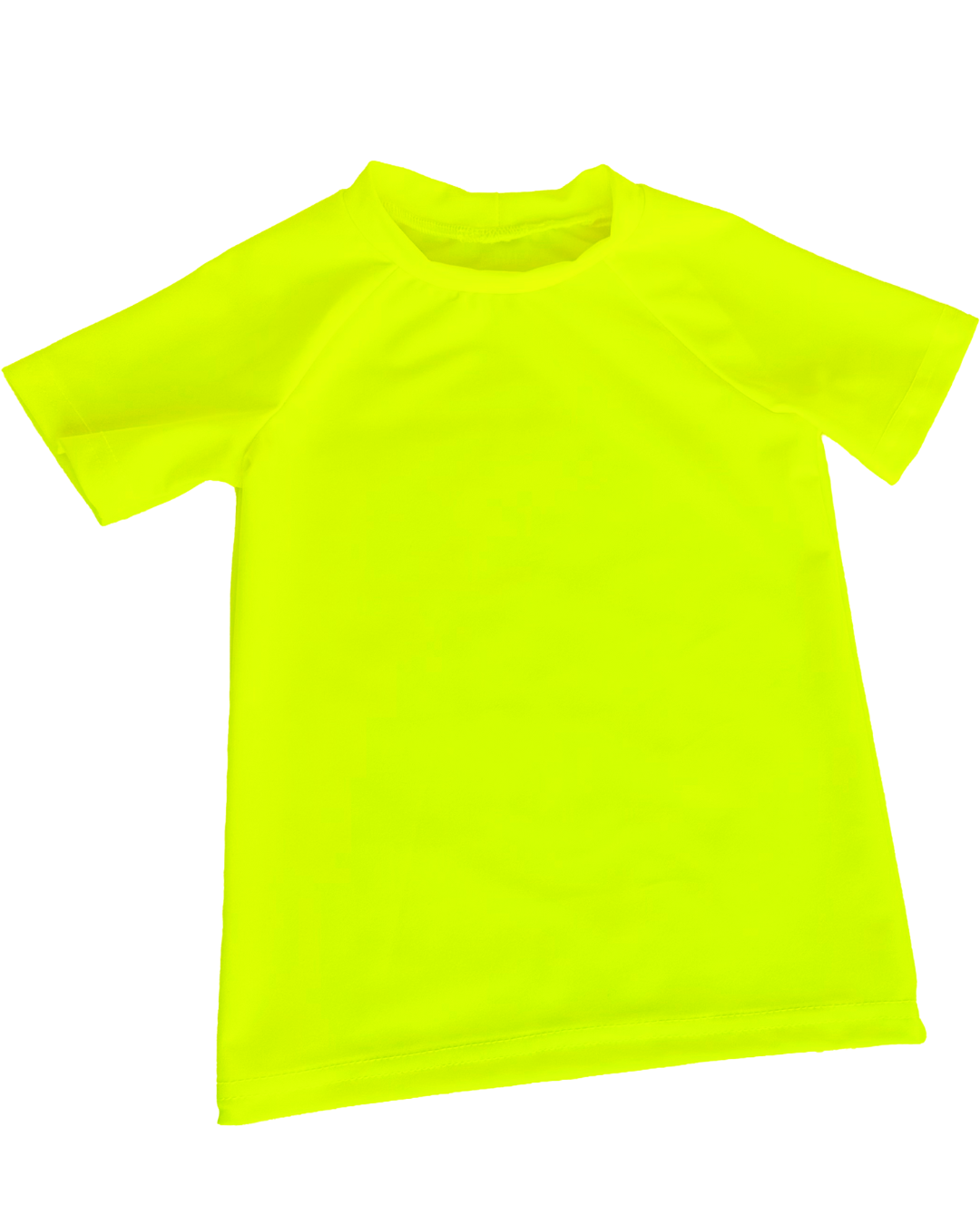 A bright neon yellow rash guard sun shirt with UPF 50+ maximum sun protection lays flat against the background. 