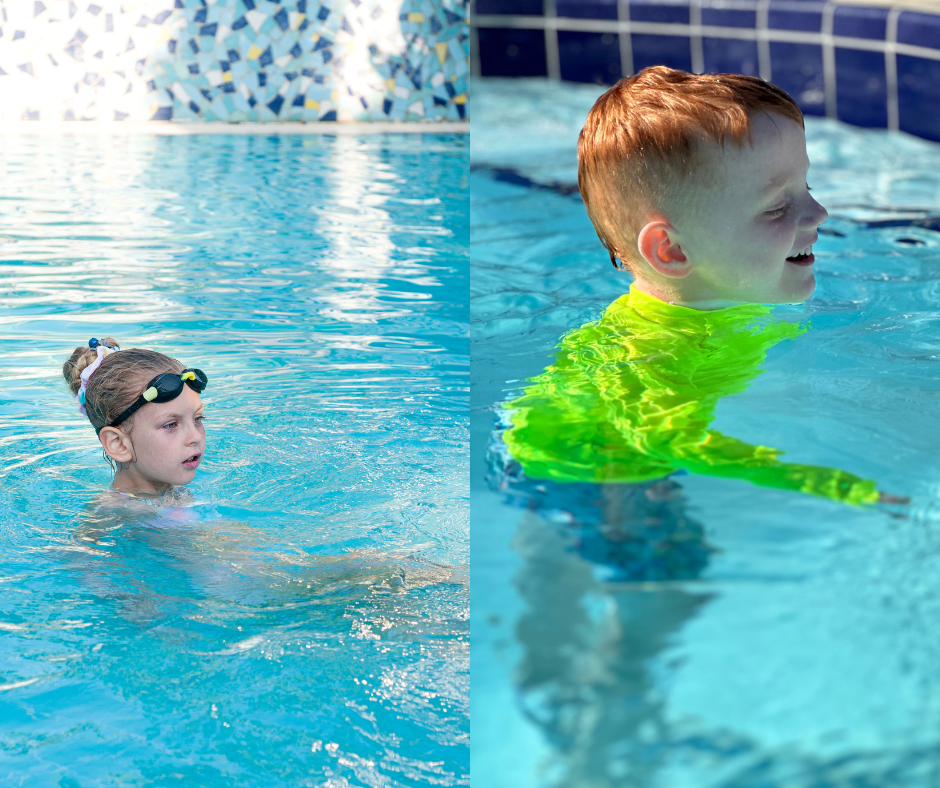 Side-by-side comparison image of two light blue pools. The one on the left has a girl in the pool with a light colored swimsuit dangerous color because her body and swimsuit disappear under water. The image on the right is of a boy in a similar color pool with a neon yellow rash guard on and blue swim trunks. The blue and his skin fade while the neon yellow rash guard glows and is highly visible.
