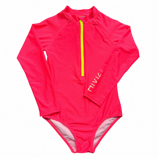 Girls neon swimsuit with long sleeves and electric neon yellow front zipper laid flat on a white background. This high-visibility girls one-piece swimsuit features bright neon pink fabric, UPF 50+ sun protection, and a front zip design for easy on and off. Perfect for beach days, pool swimming, lake trips, swim lessons, and water safety visibility for toddlers and kids.