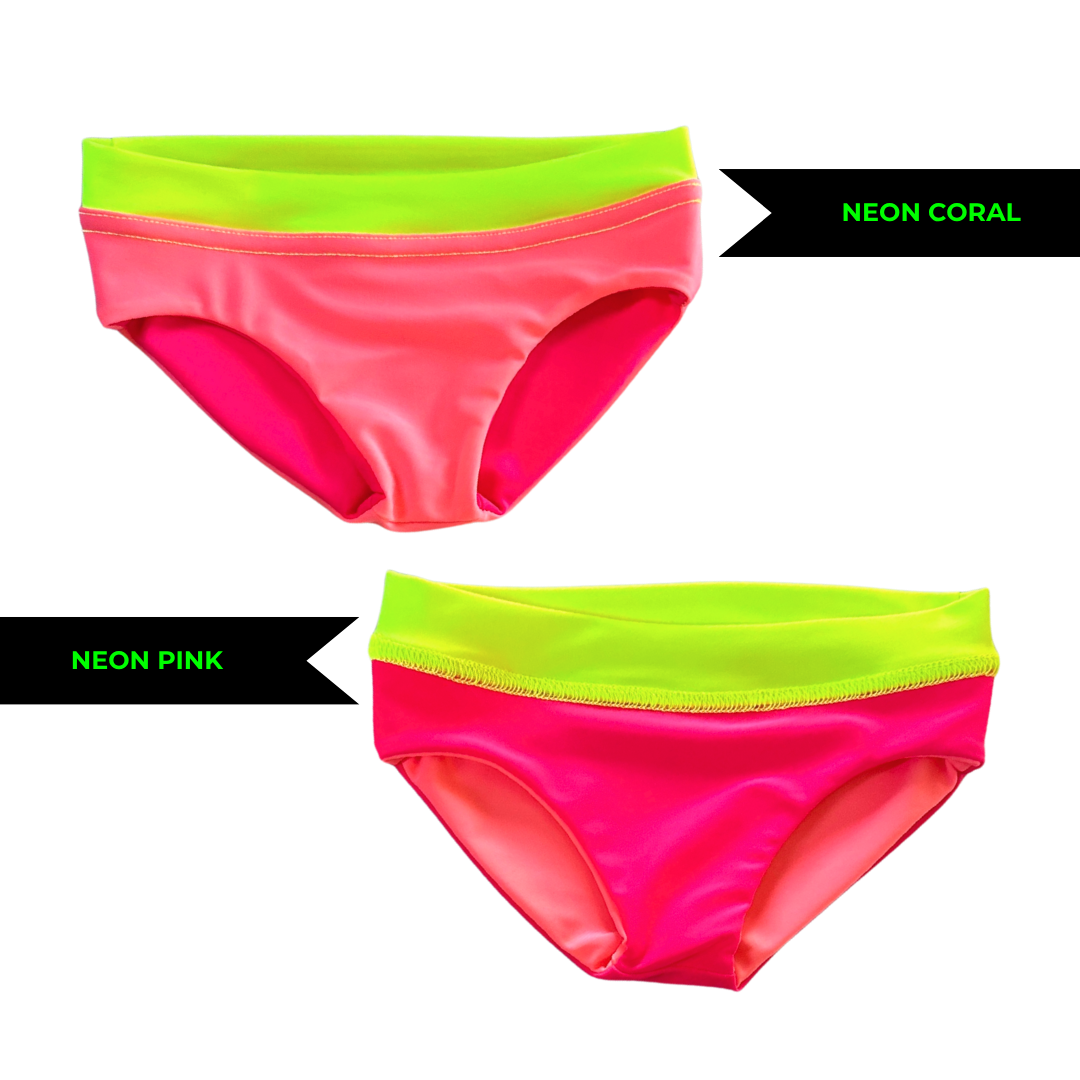 Product image of a neon pink bikini with a neon yellow waistband and reversible to neon coral. The image has two bikini bottoms one with neon pink coral and the other side with neon pink. 