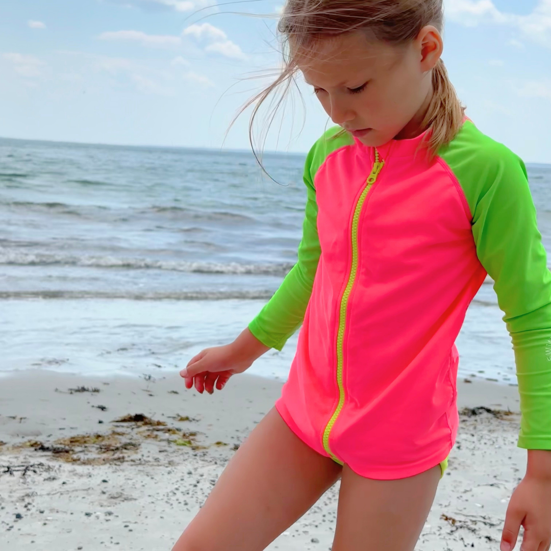 Kids' Neon Rash Guard – Neon Pink & Green, Long-Sleeve Zip-Up