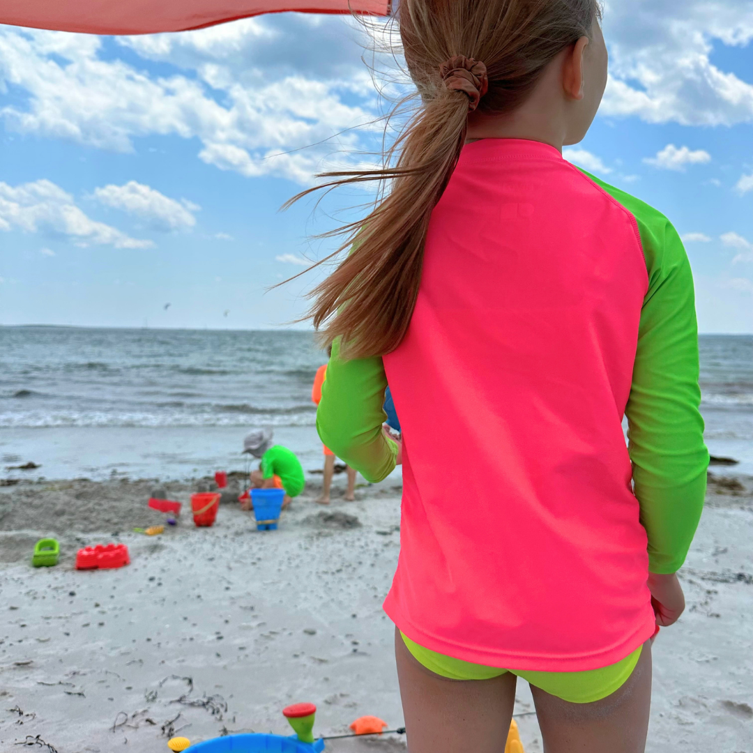 Kids' Neon Rash Guard – Neon Pink & Green, Long-Sleeve Zip-Up