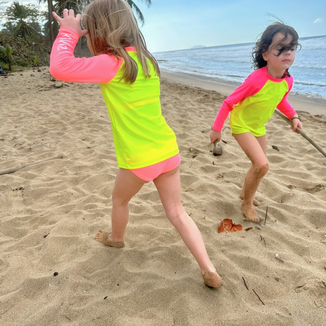 Kids’ Neon Rash Guard – Neon Yellow and Pink Coral | UPF 50+