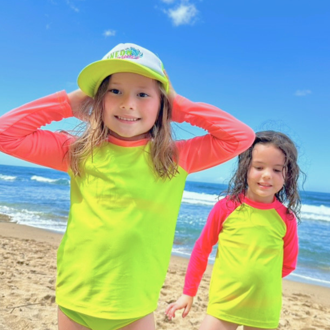 Kids’ Neon Rash Guard – Neon Yellow and Pink Coral | UPF 50+