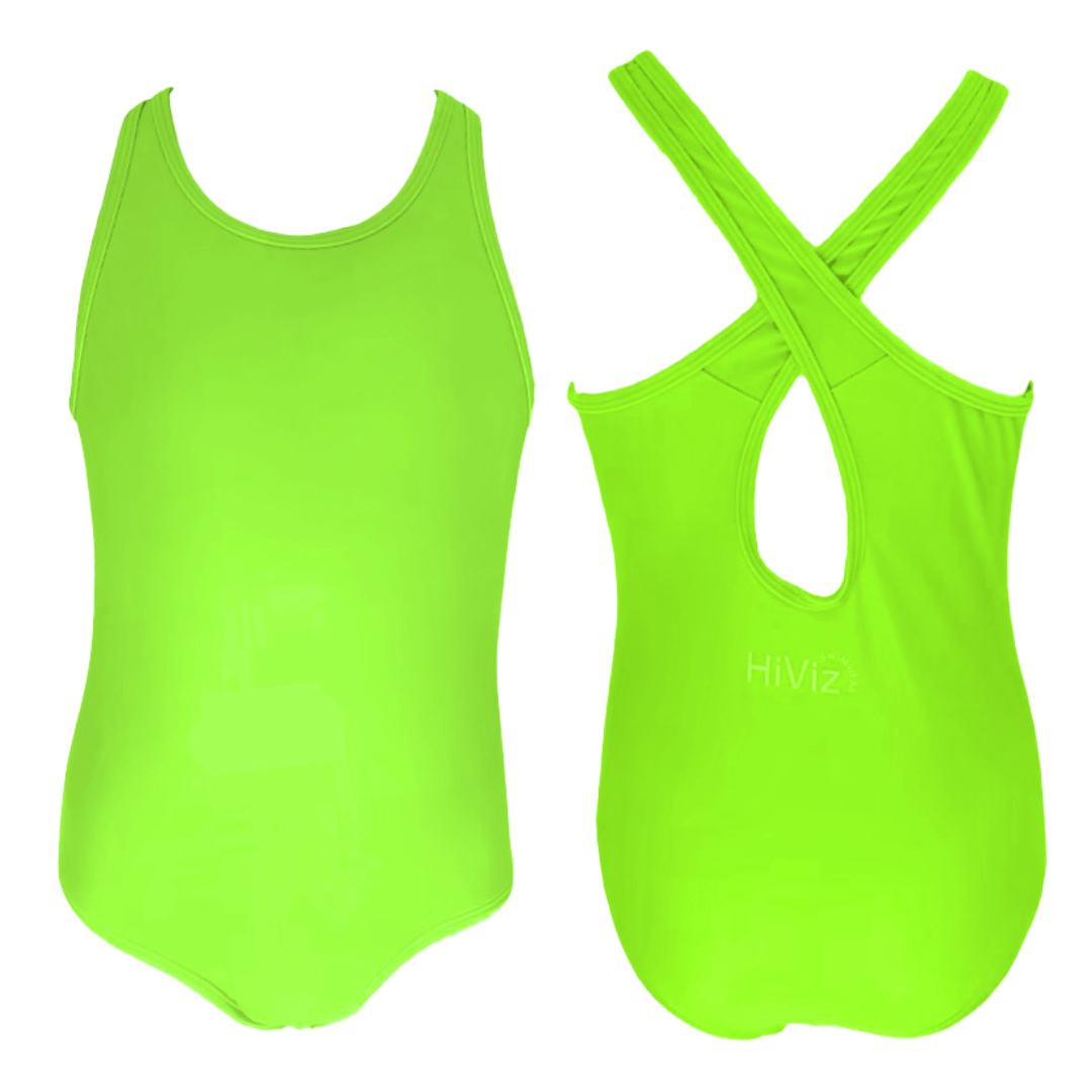 Product image of a neon toddler swimsuit also a girls' neon green swimsuit one-piece on a white background. The front of the neon green swimsuit one-piece with a full coverage look and beside that is the back of the neon green swimsuit one-piece with crisscrossed straps. The neon green swimsuit glows, super bright swimwear.