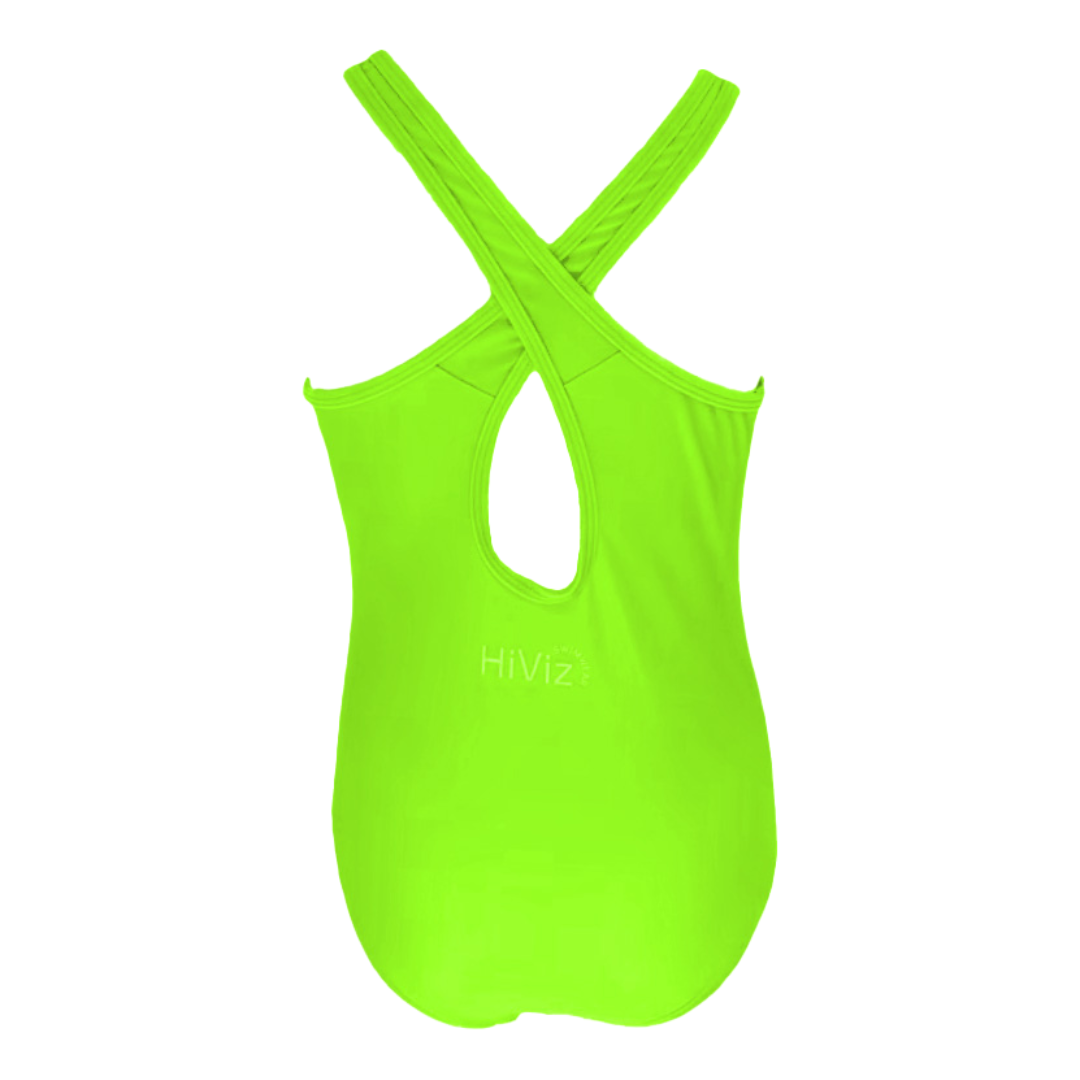 Product image of a neon toddler swimsuit also a girls' neon green swimsuit one-piece on a white background. The back of the neon green swimsuit one-piece with crisscrossed straps. The neon green swimsuit glows, super bright swimwear.