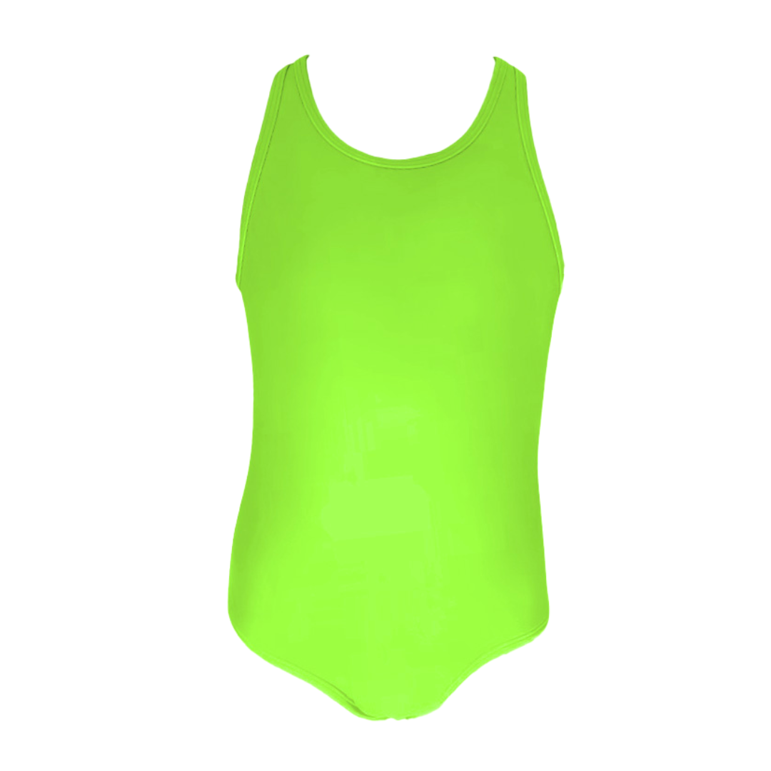 Product image of a neon toddler swimsuit also a girls' neon green swimsuit one-piece on a white background. The front of the neon green swimsuit one-piece with a full coverage look. The neon green swimsuit glows super bright swimwear.