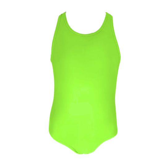 Product image of a neon toddler swimsuit also a girls' neon green swimsuit one-piece on a white background. The front of the neon green swimsuit one-piece with a full coverage look. The neon green swimsuit glows super bright swimwear.